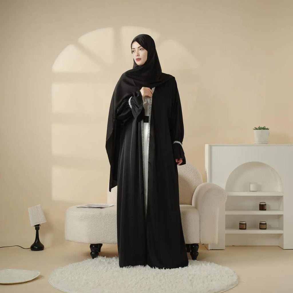Poet Sleeve Satin Open Abaya With Matching Belt and Hijab (MOA009) by Mariam's Collection