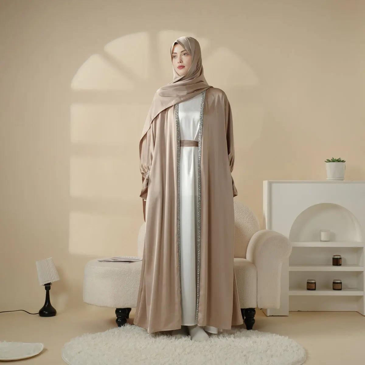Poet Sleeve Satin Open Abaya With Matching Belt and Hijab (MOA009) by Mariam's Collection