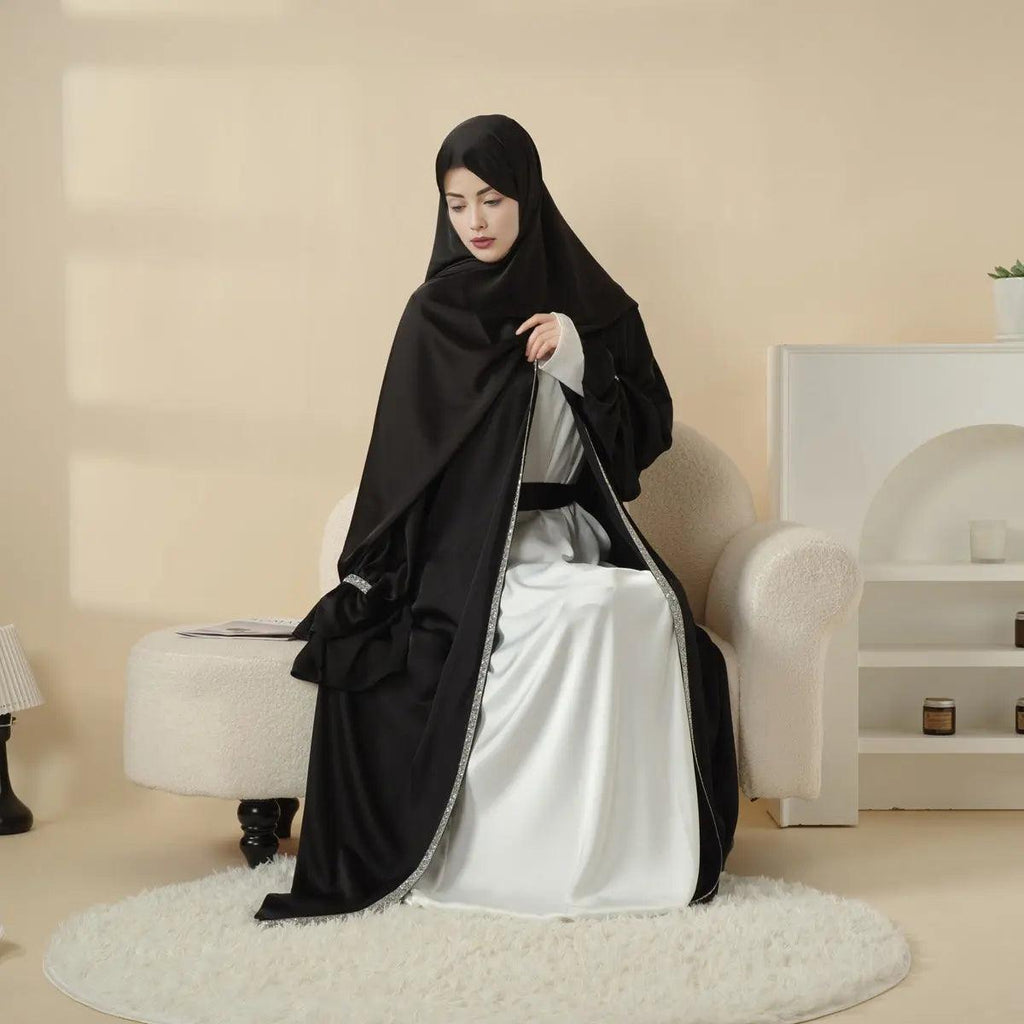Poet Sleeve Satin Open Abaya With Matching Belt and Hijab (MOA009) by Mariam's Collection