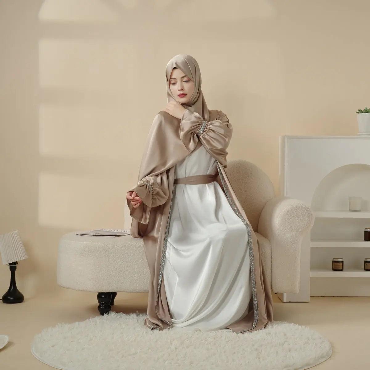 Poet Sleeve Satin Open Abaya With Matching Belt and Hijab (MOA009) by Mariam's Collection