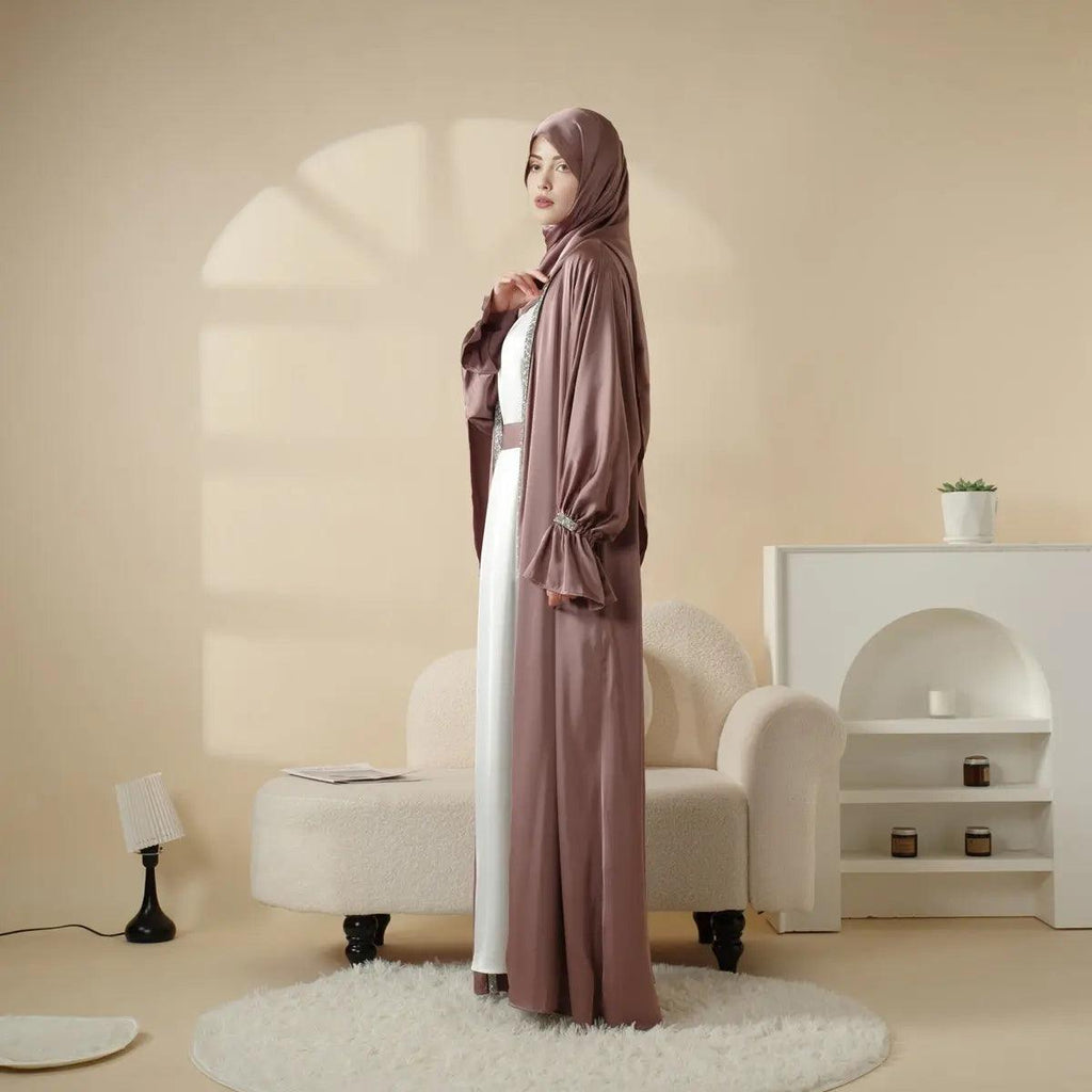 Poet Sleeve Satin Open Abaya With Matching Belt and Hijab (MOA009) by Mariam's Collection