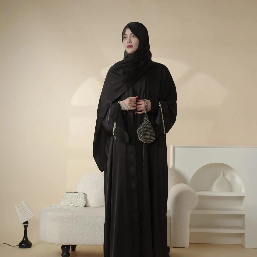 Luxury Satin Abaya With Diamond Tassels Belt, 6-Piece Set (MOA041) by Mariam's Collection