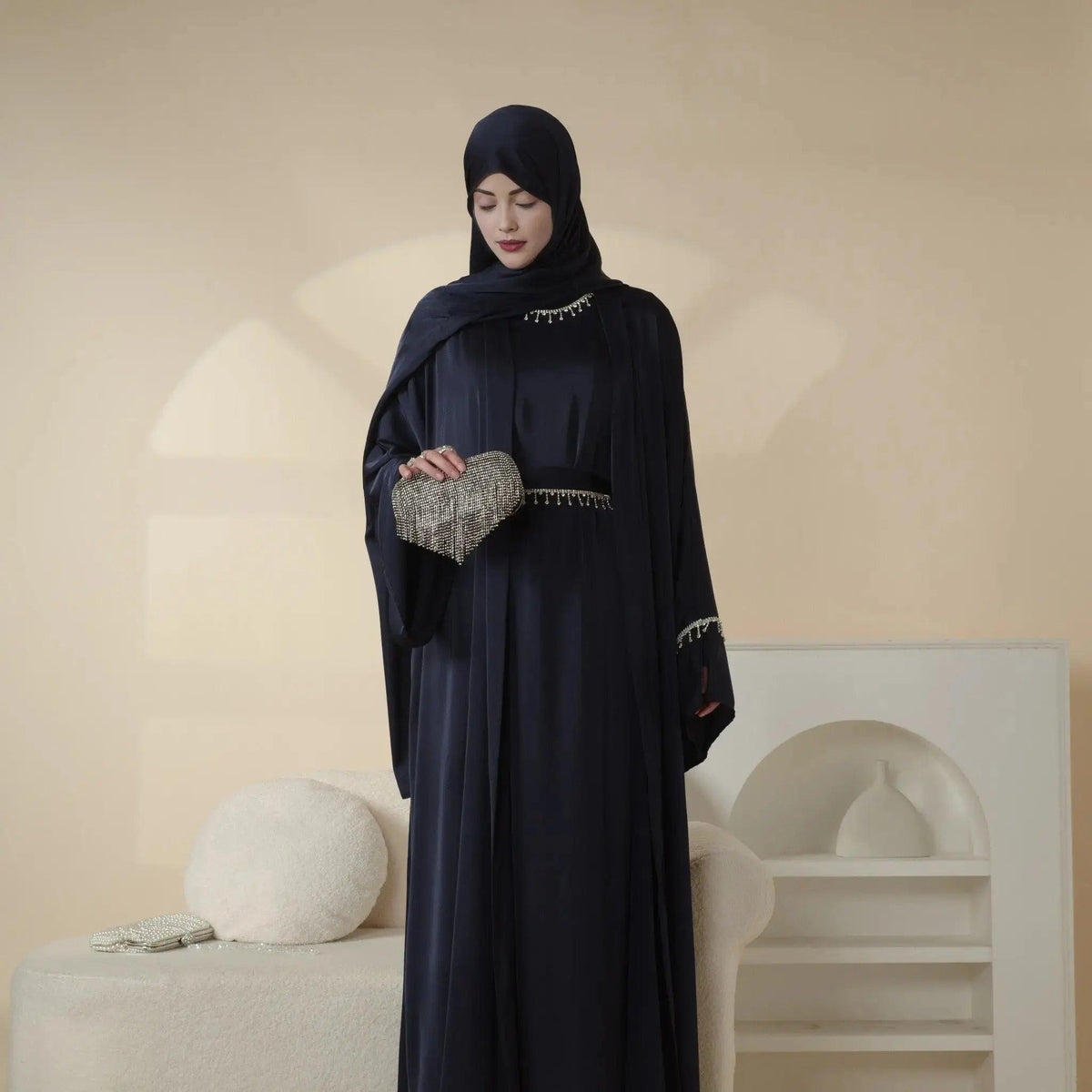 Luxury Satin Abaya With Diamond Tassels Belt, 6-Piece Set (MOA041) by Mariam's Collection
