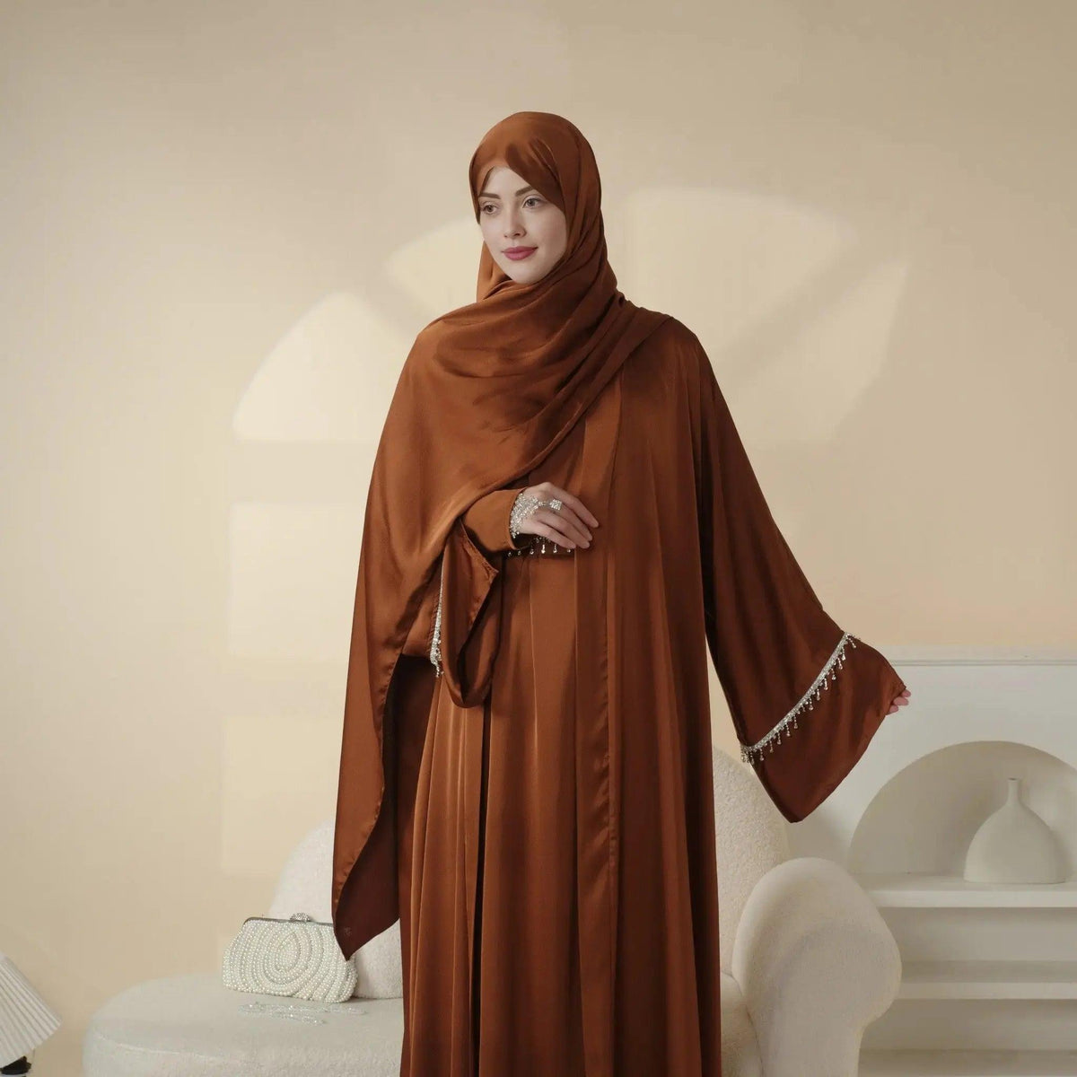 Luxury Satin Abaya With Diamond Tassels Belt, 6-Piece Set (MOA041) by Mariam's Collection