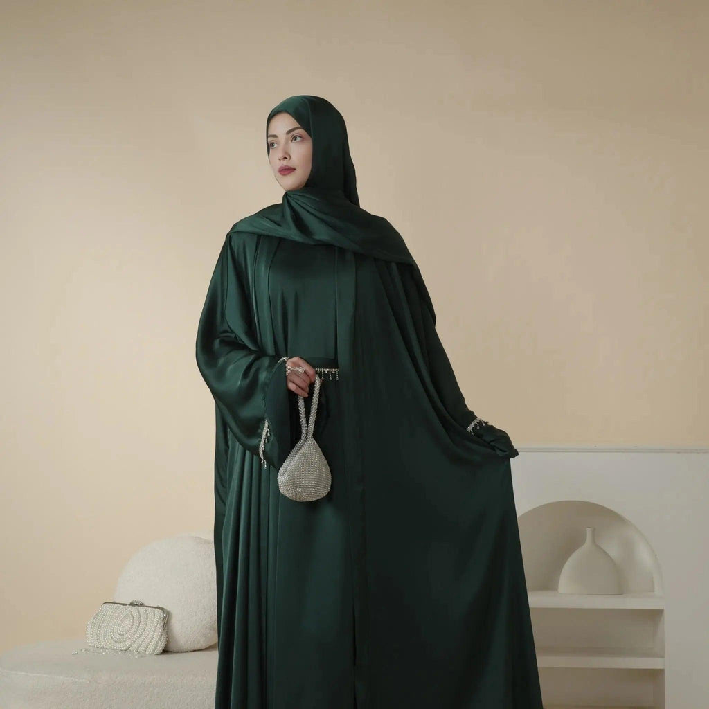 Luxury Satin Abaya With Diamond Tassels Belt, 6-Piece Set (MOA041) by Mariam's Collection