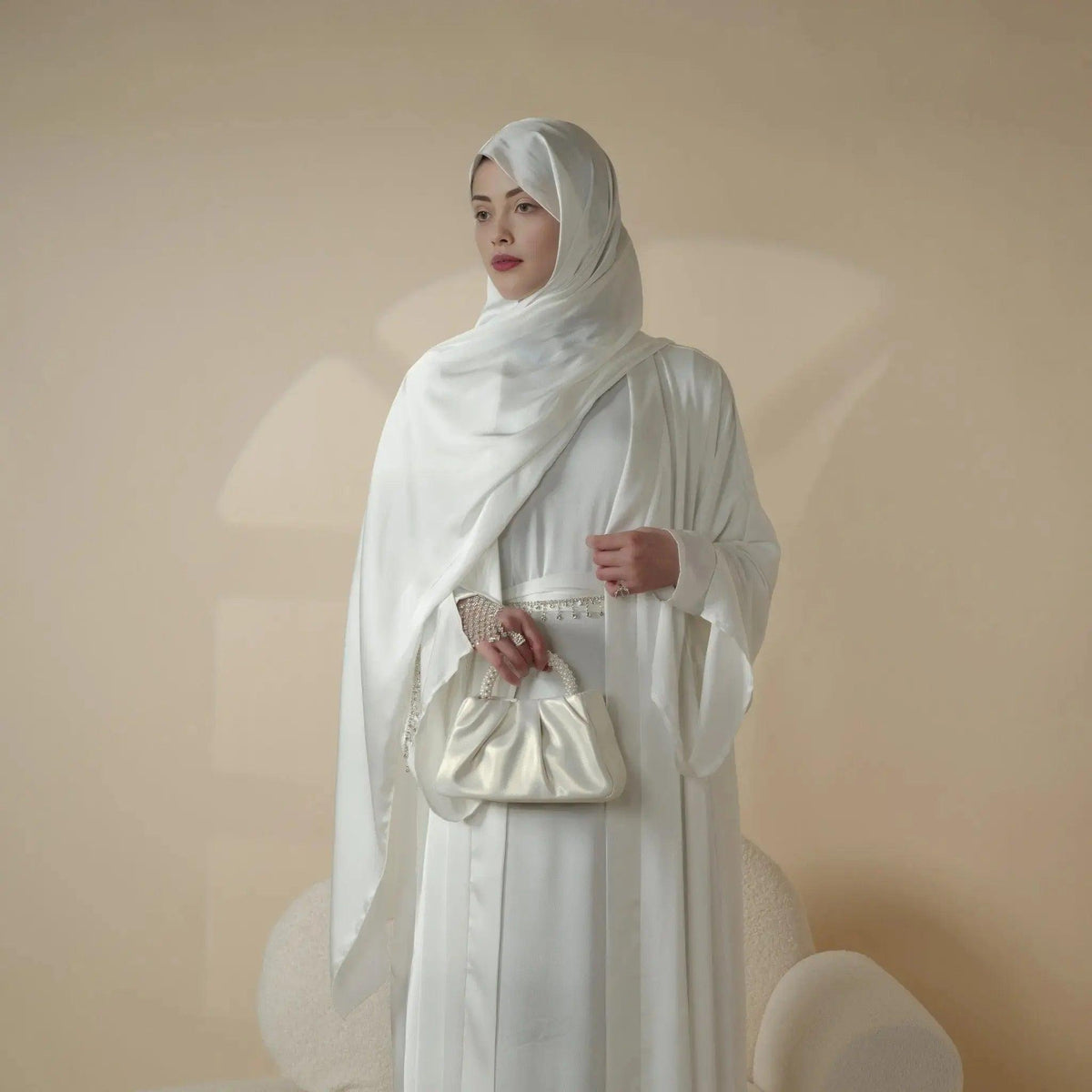 Luxury Satin Abaya With Diamond Tassels Belt, 6-Piece Set (MOA041) by Mariam's Collection