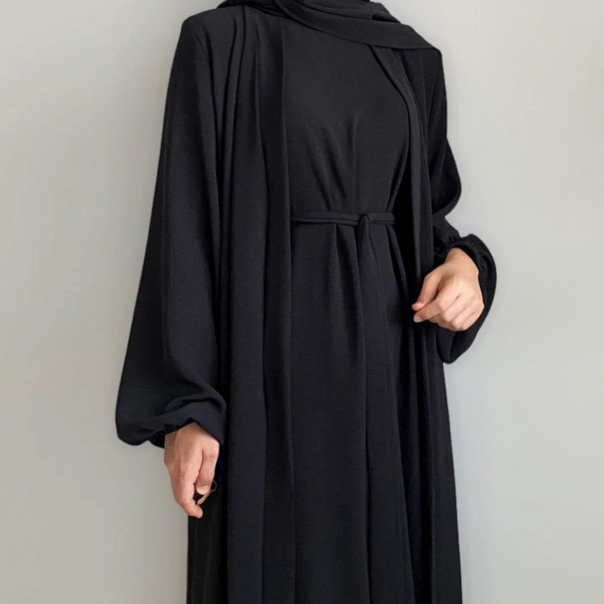 Solid Color Elegant Open Abaya with Pockets | 3-Piece Set Open Abaya (MOA092) by Mariam's Collection