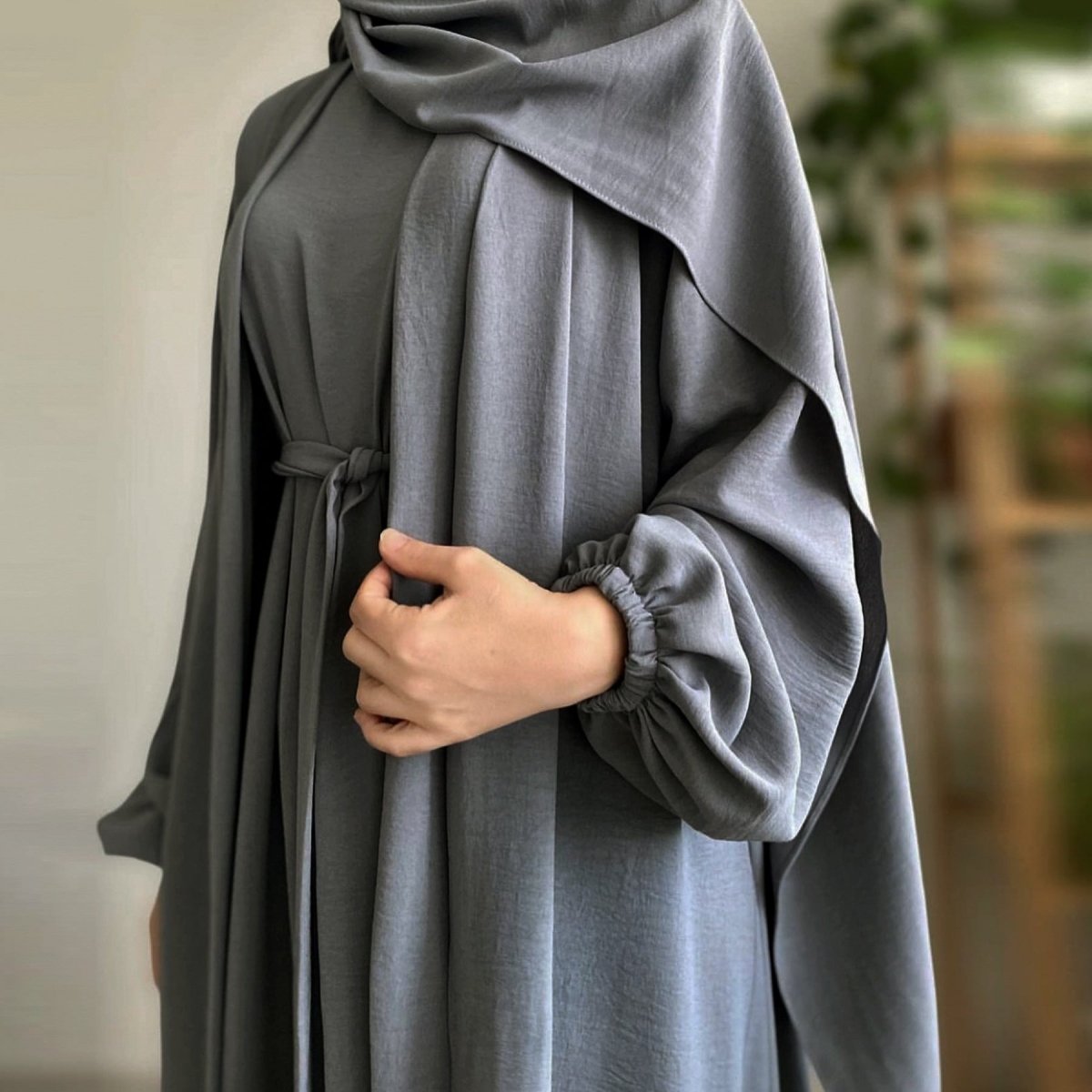 Solid Color Elegant Open Abaya with Pockets | 3-Piece Set Open Abaya (MOA092) by Mariam's Collection