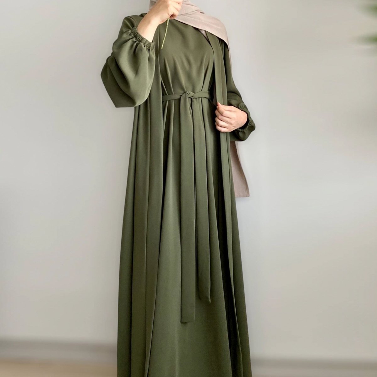 Solid Color Elegant Open Abaya with Pockets | 3-Piece Set Open Abaya (MOA092) by Mariam's Collection