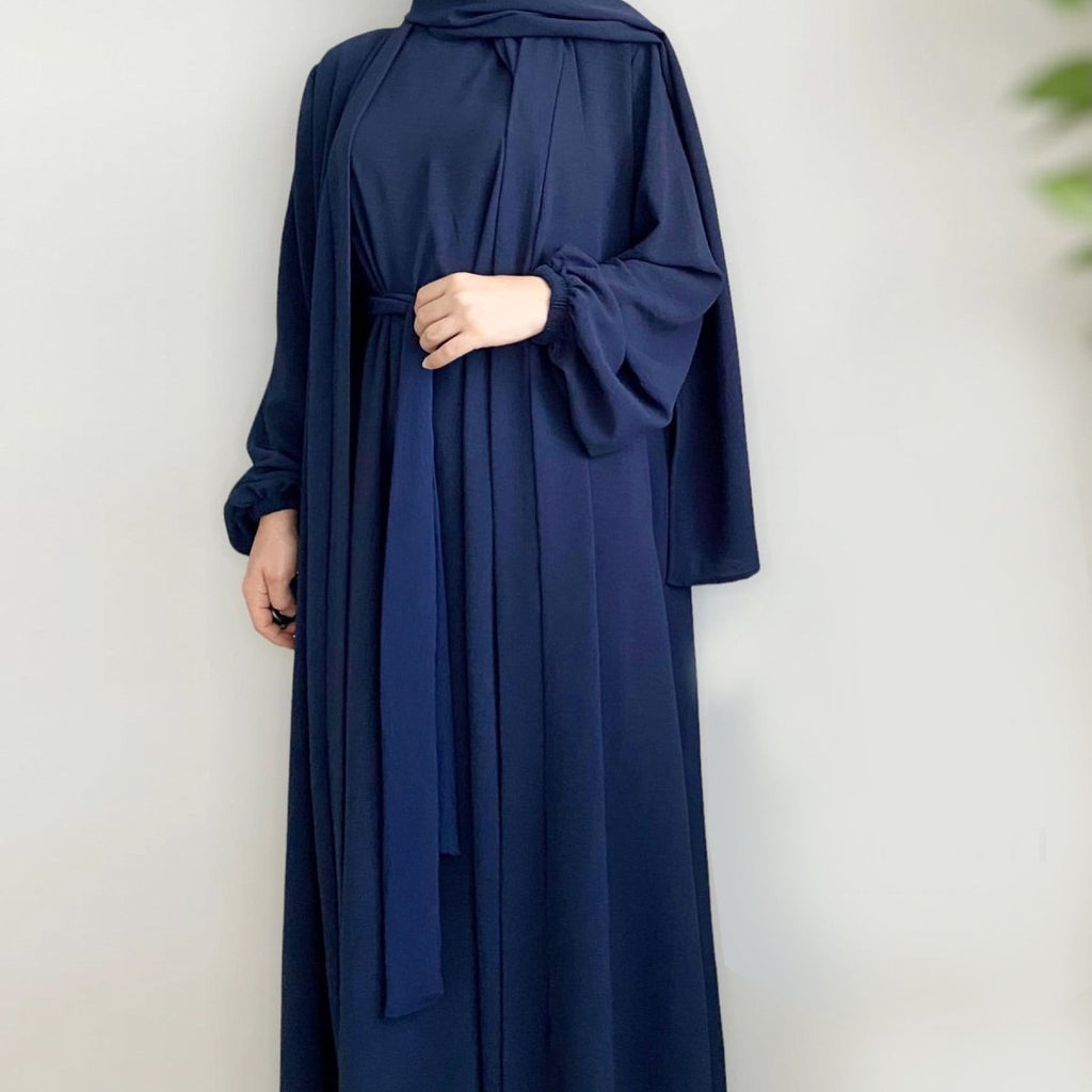 Solid Color Elegant Open Abaya with Pockets | 3-Piece Set Open Abaya (MOA092) by Mariam's Collection