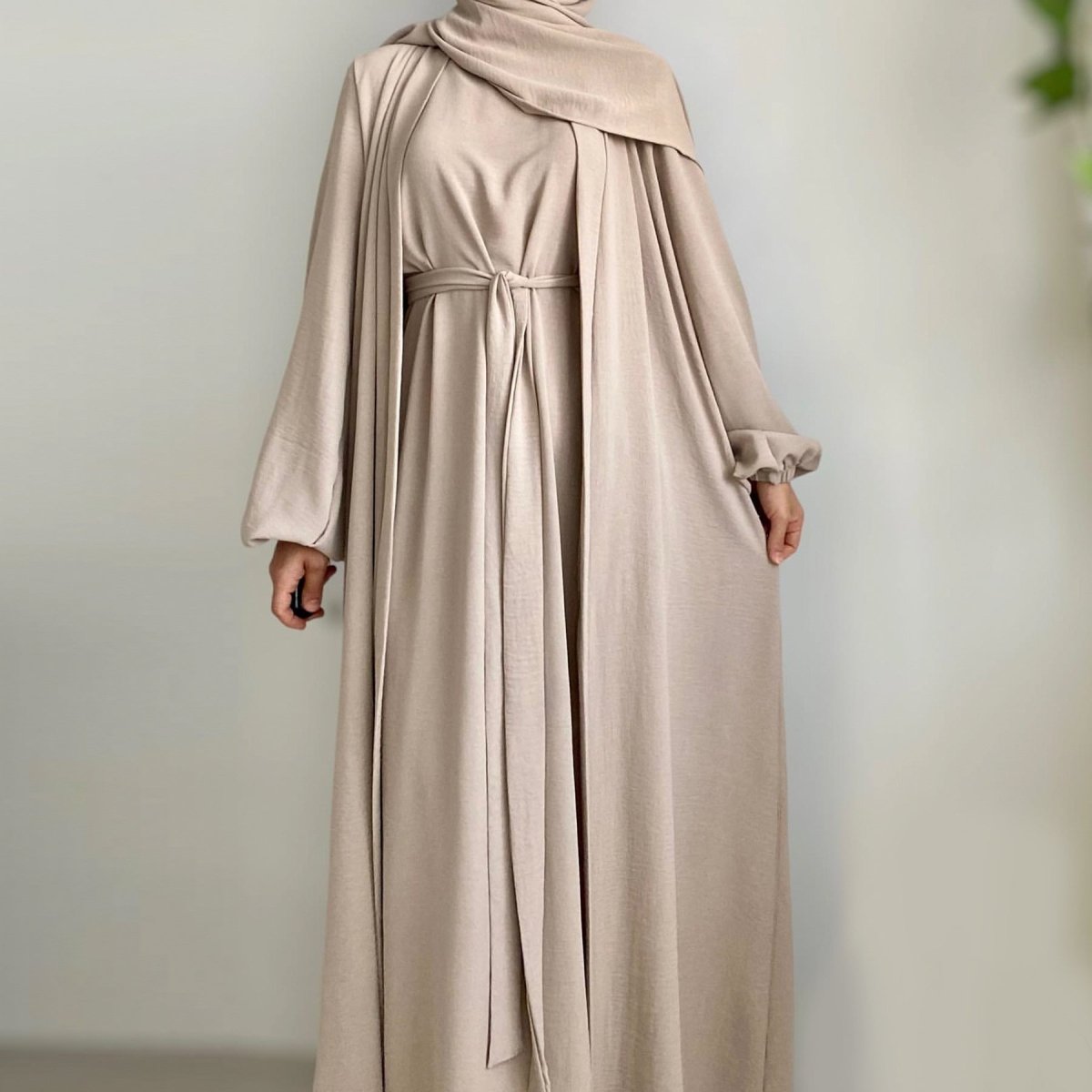Solid Color Elegant Open Abaya with Pockets | 3-Piece Set Open Abaya (MOA092) by Mariam's Collection