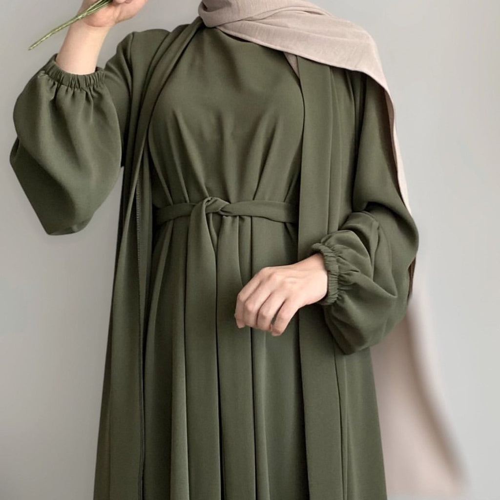 Solid Color Elegant Open Abaya with Pockets | 3-Piece Set Open Abaya (MOA092) by Mariam's Collection