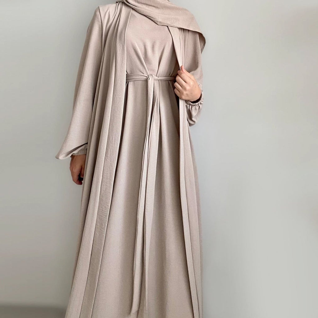 Solid Color Elegant Open Abaya with Pockets | 3-Piece Set Open Abaya (MOA092) by Mariam's Collection