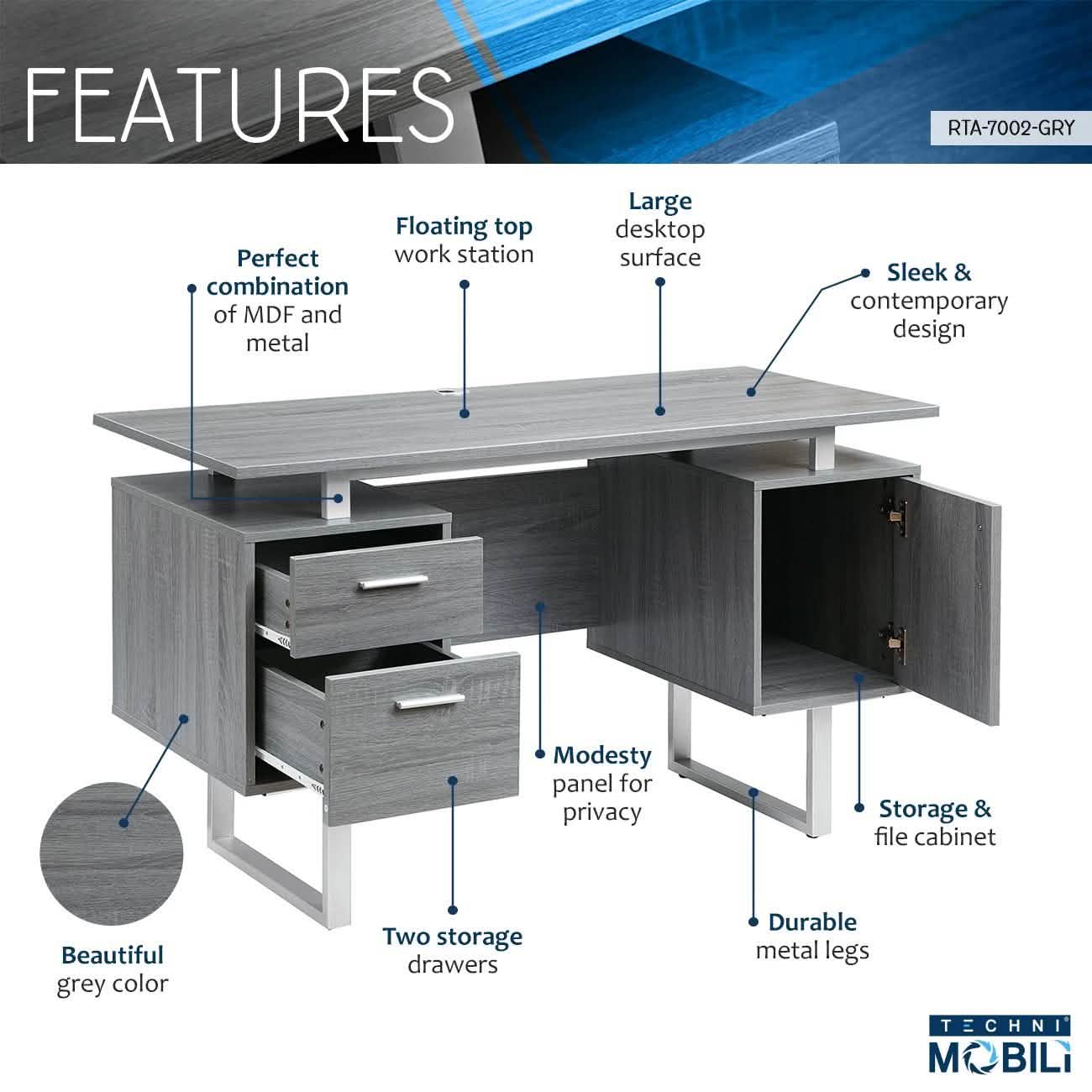 Modern Gray Office Desk with Storage by DailySale