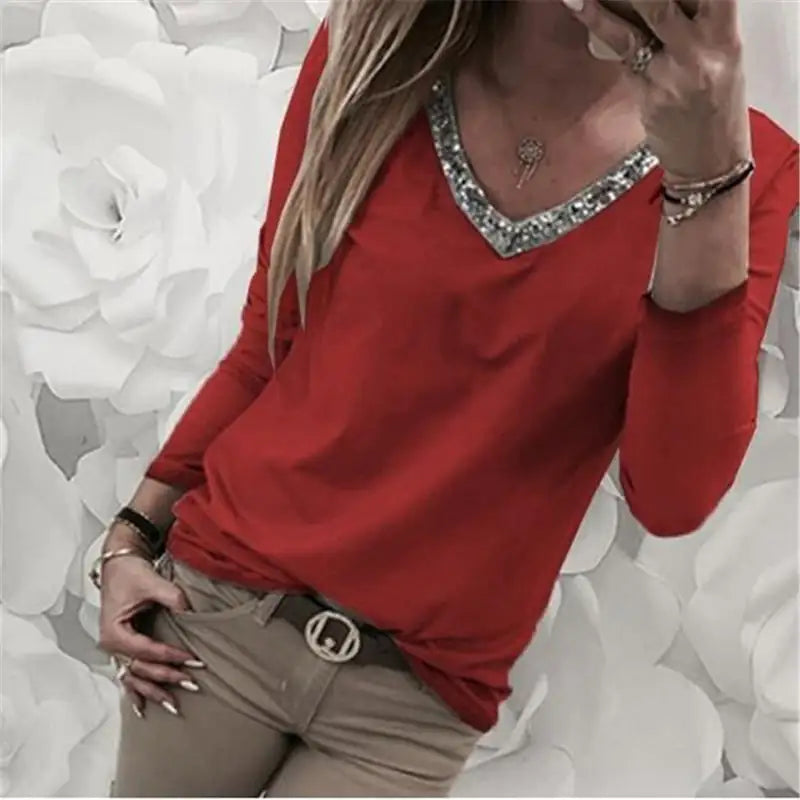 Plus Size Women's Sequin Long Sleeve V Neck T-shirt by Trendy Attic Store01