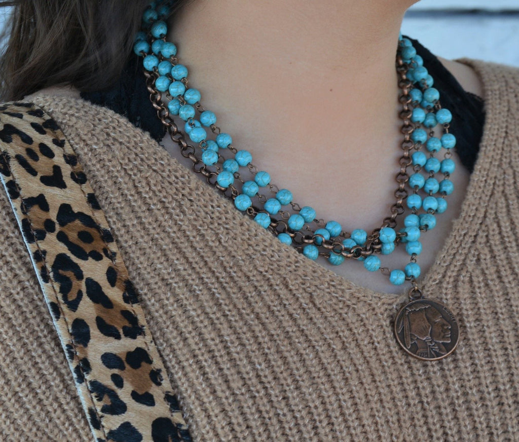 Blue Turquoise Collar-Length Necklace w/ Indian Buffalo Coin 114E by The Jewelry Junkie