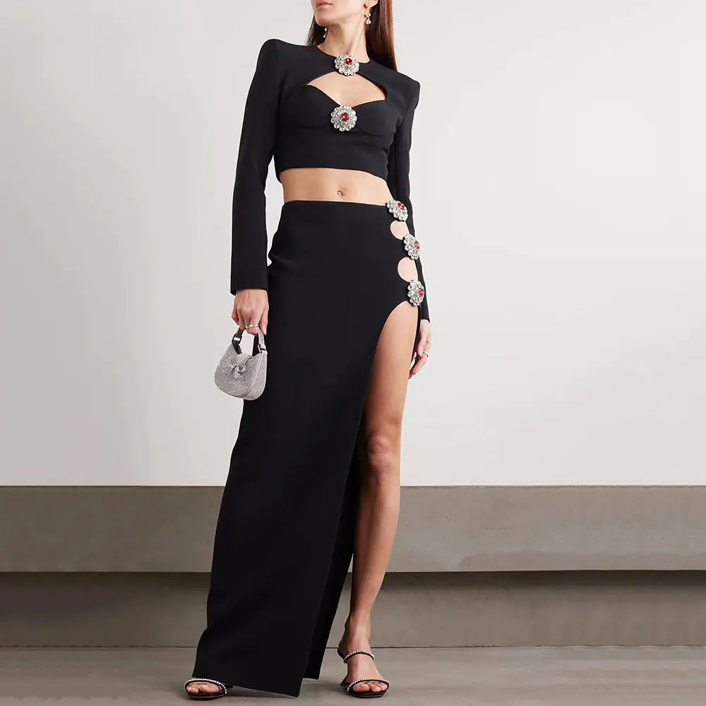 Hollow Diamond Long Sleeve Dress with Side Slit by Trendy Attic Store01