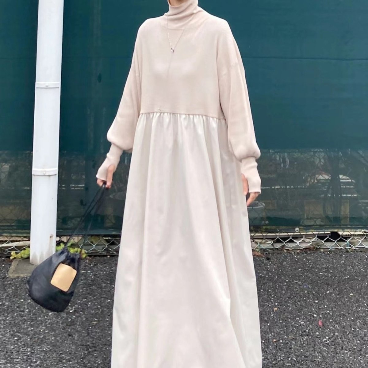 Oversized Turtleneck Maxi Dress | Bubble Sleeve Sweater Dress(MS180) by Mariam's Collection