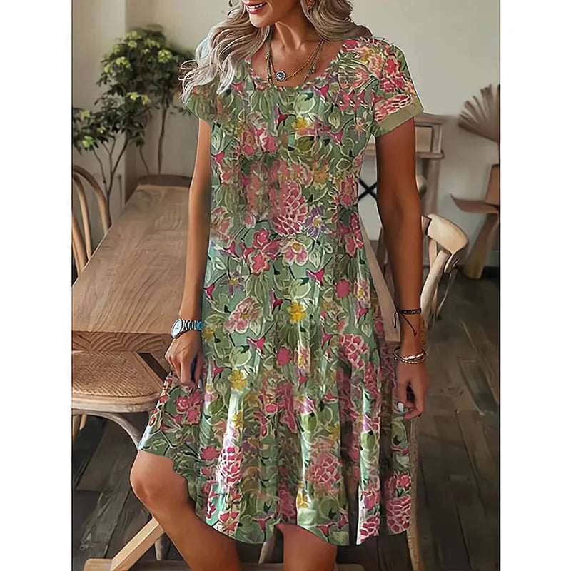 Loose Fit Printed Short Sleeve Dress by Trendy Attic Store01