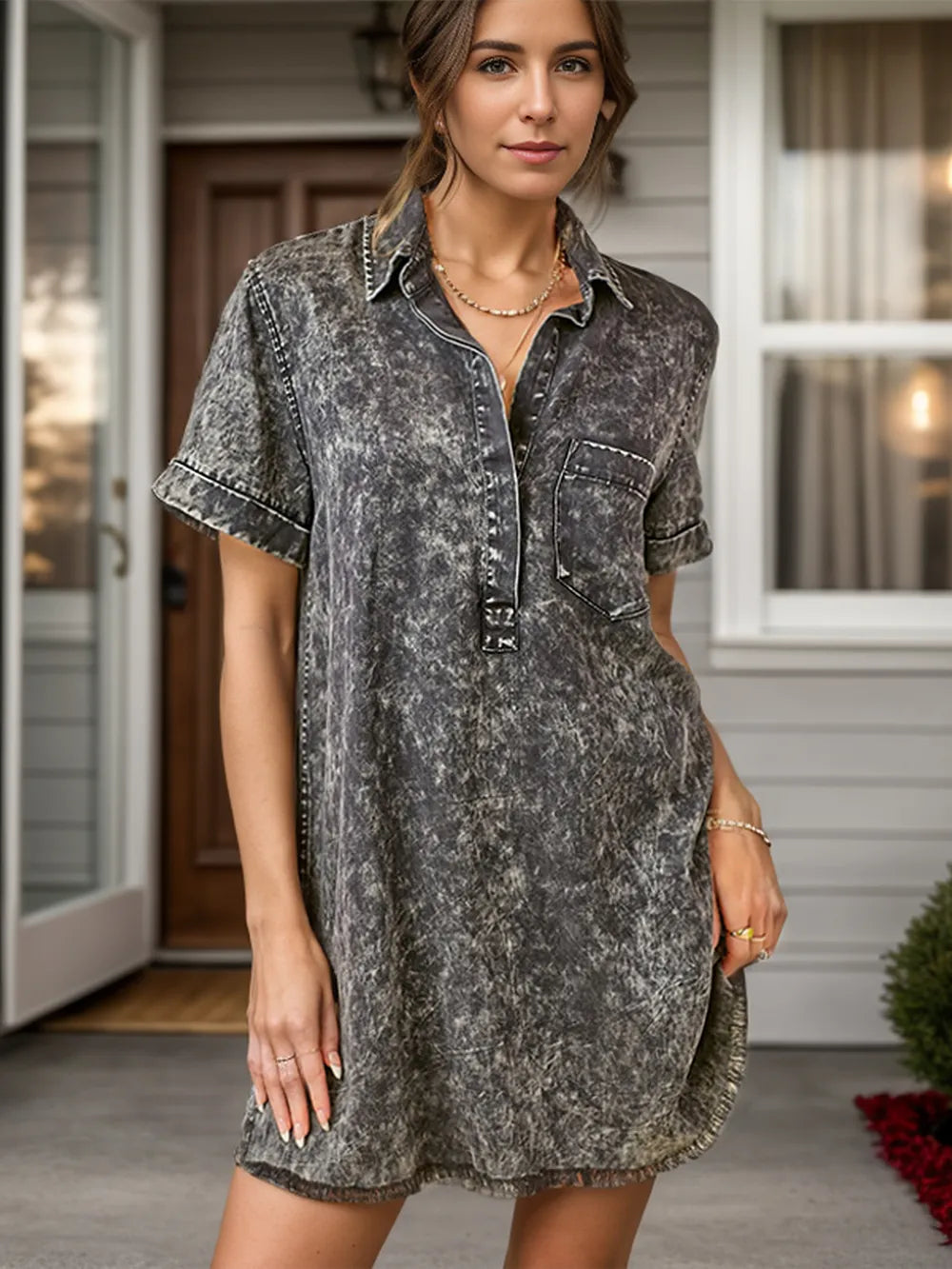 Pocketed Collared Neck Short Sleeve Denim Dress by V.I.P Digital Presence