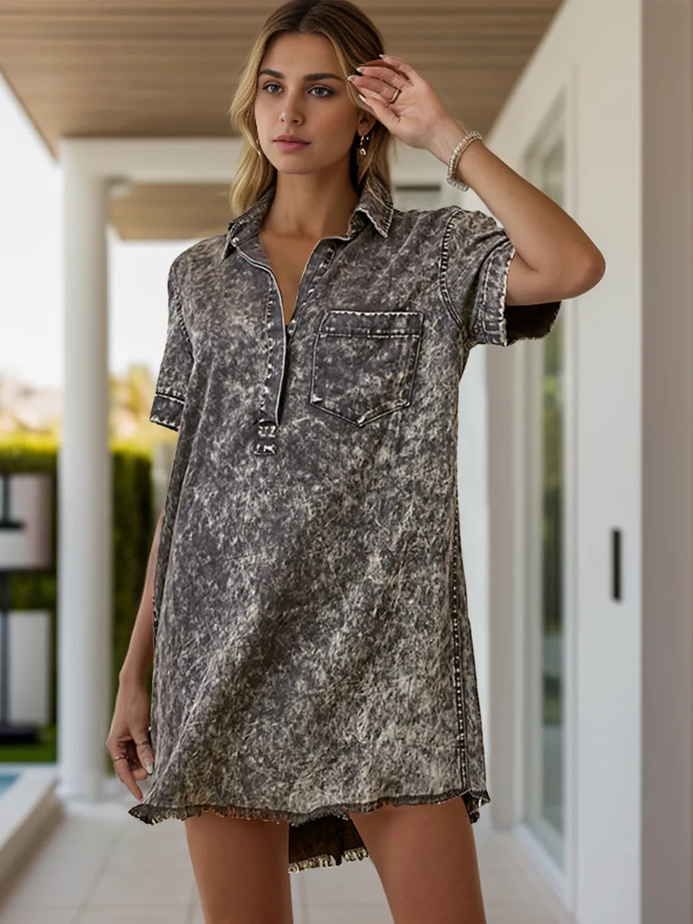 Pocketed Collared Neck Short Sleeve Denim Dress by V.I.P Digital Presence