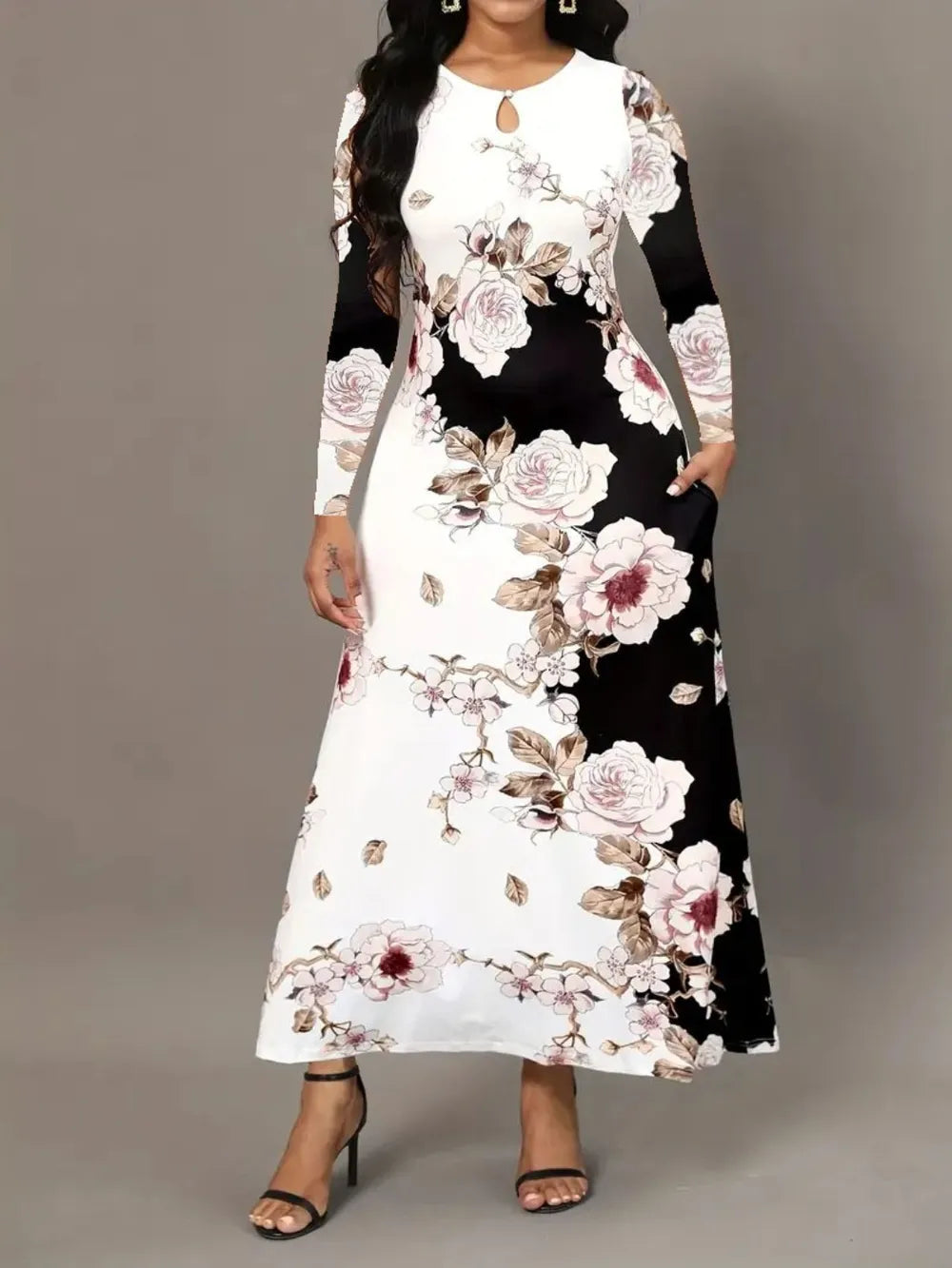 Pocketed Printed Long Sleeve Dress by V.I.P Digital Presence