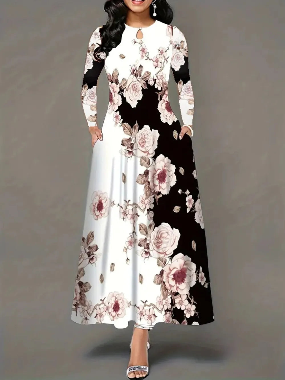 Pocketed Printed Long Sleeve Dress by V.I.P Digital Presence