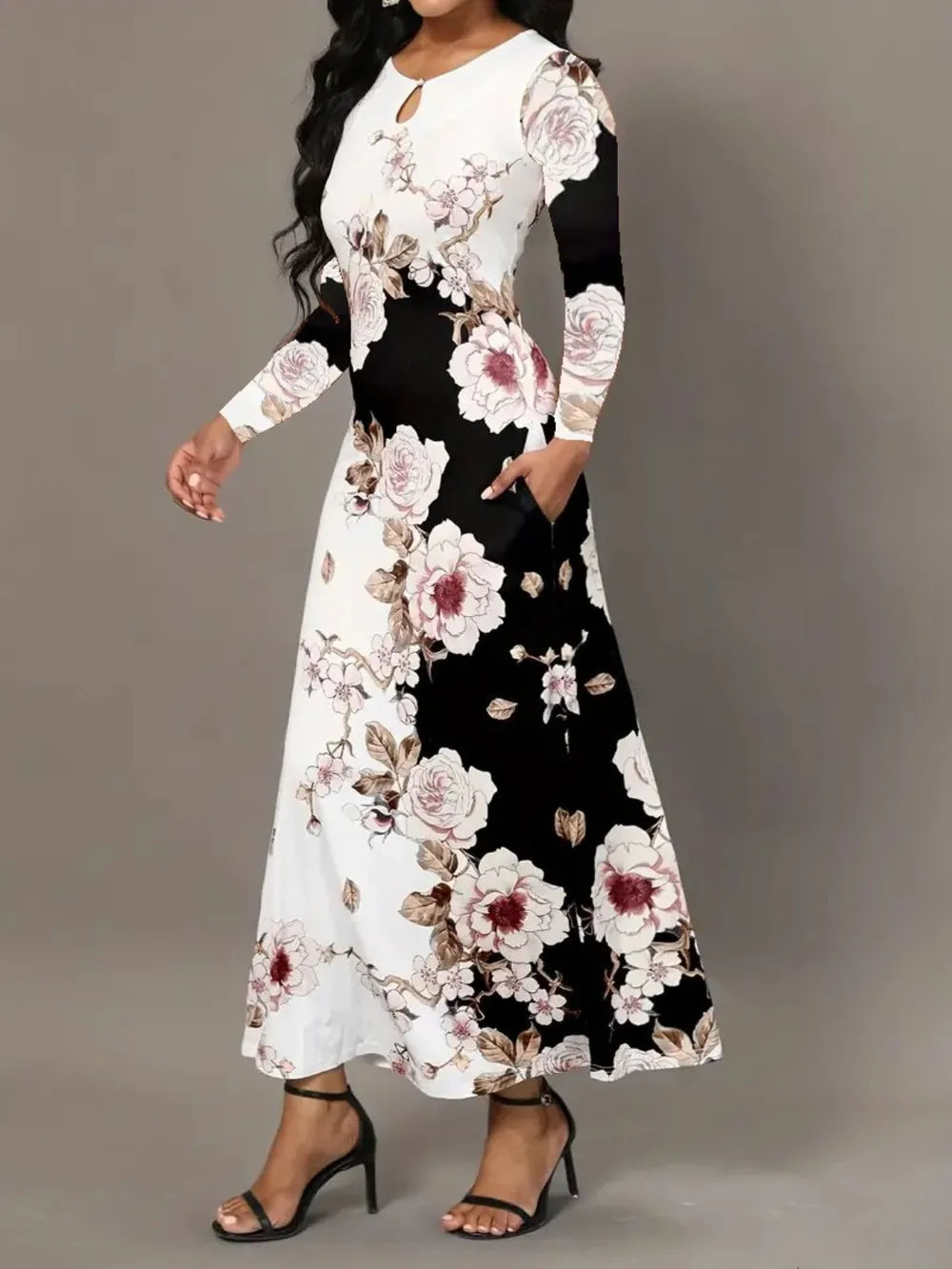 Pocketed Printed Long Sleeve Dress by V.I.P Digital Presence