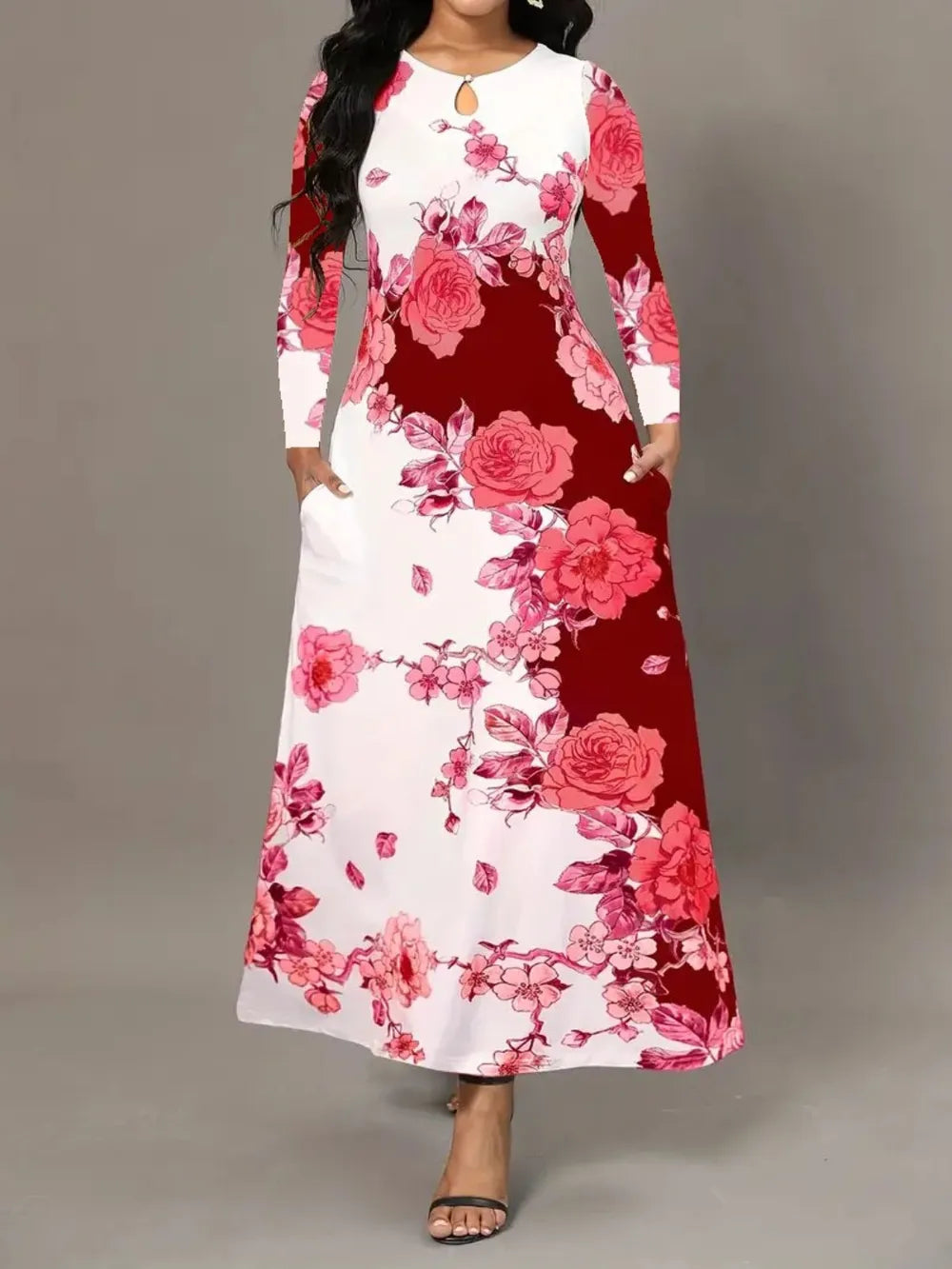 Pocketed Printed Long Sleeve Dress by V.I.P Digital Presence