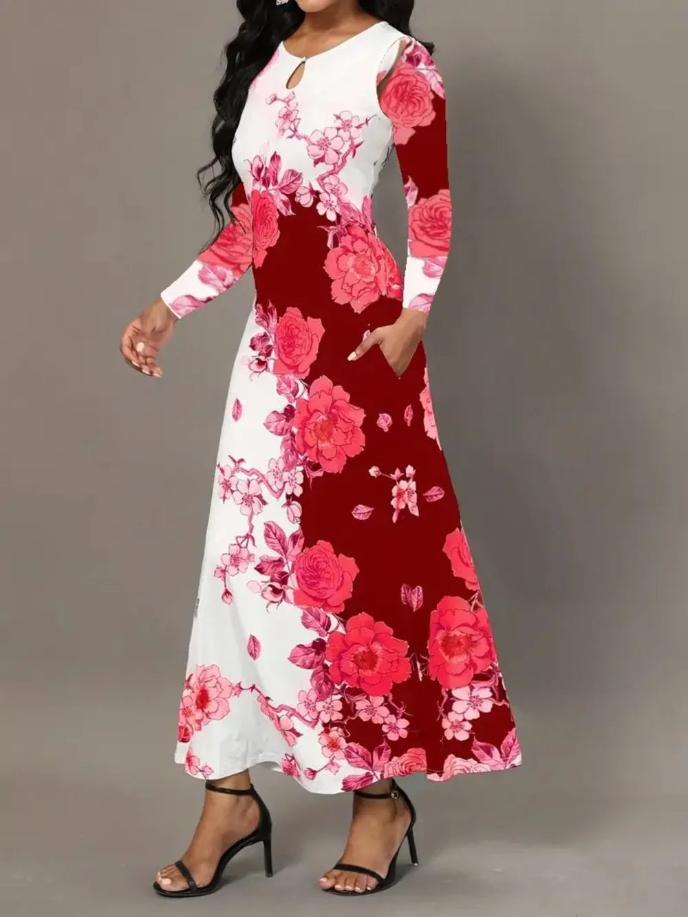 Pocketed Printed Long Sleeve Dress by V.I.P Digital Presence