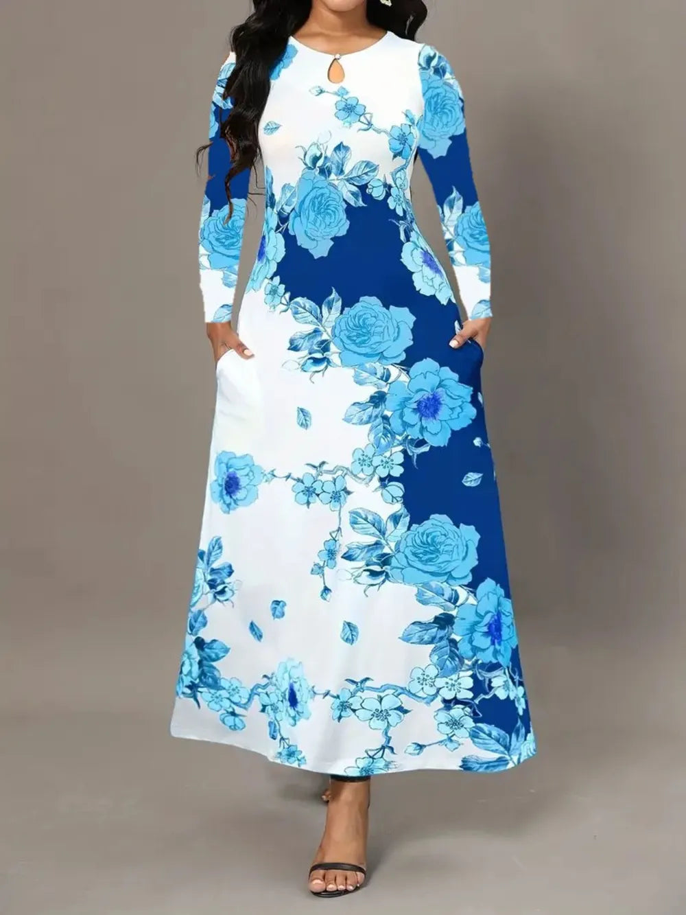 Pocketed Printed Long Sleeve Dress by V.I.P Digital Presence