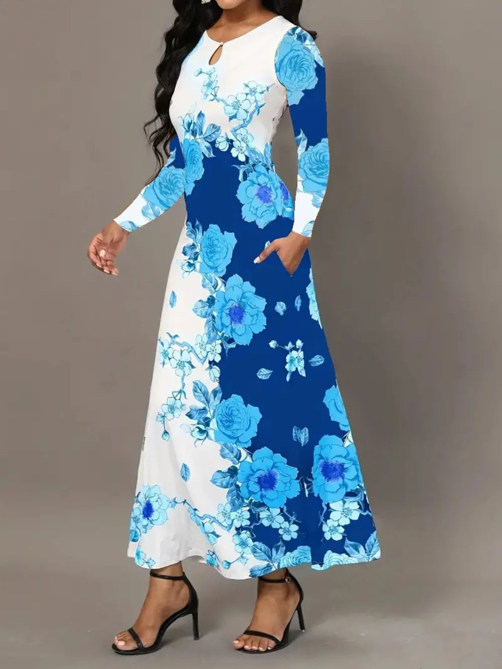 Pocketed Printed Long Sleeve Dress by V.I.P Digital Presence