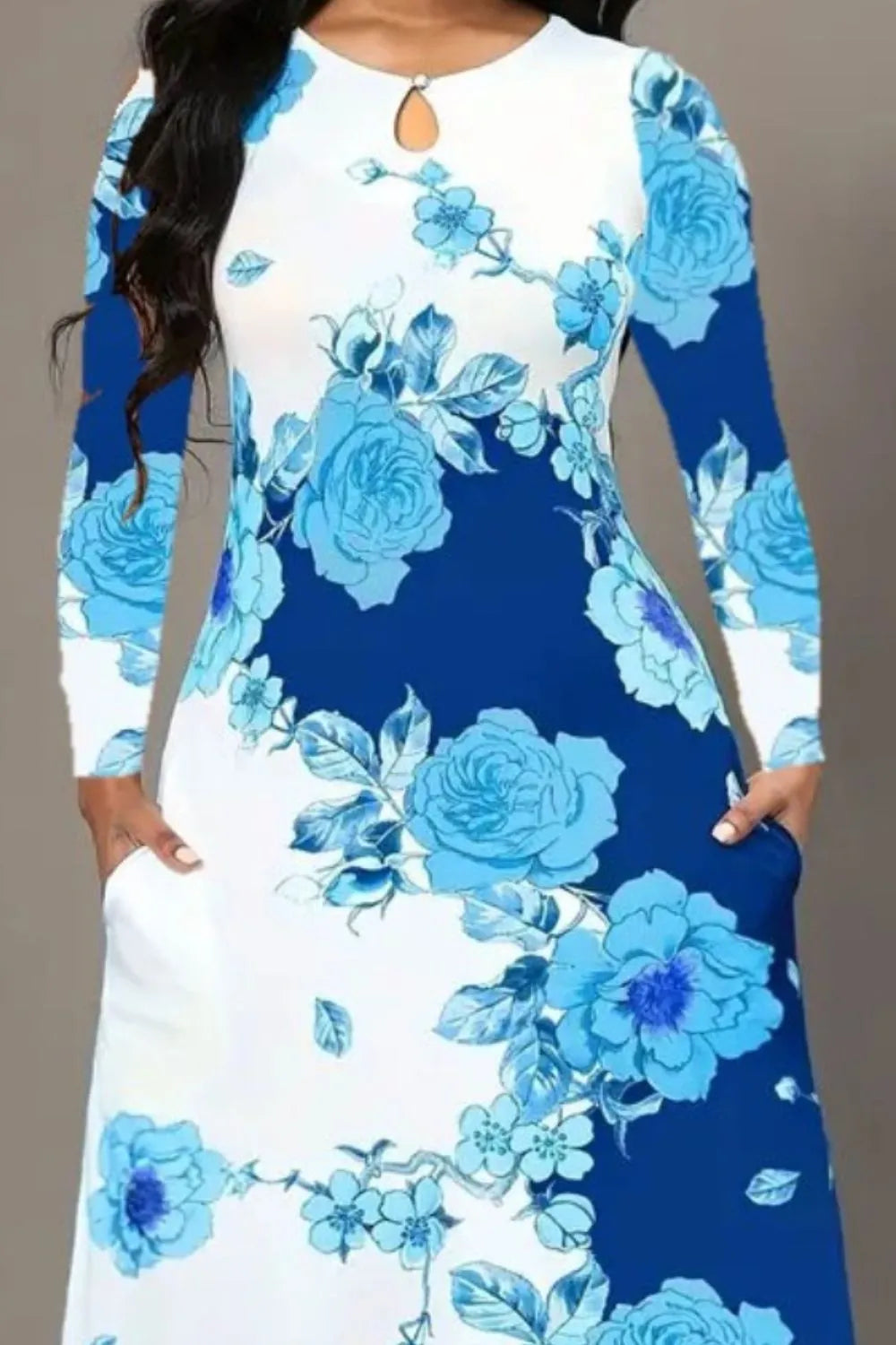 Pocketed Printed Long Sleeve Dress by V.I.P Digital Presence