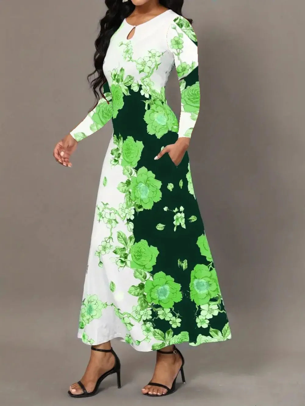Pocketed Printed Long Sleeve Dress by V.I.P Digital Presence
