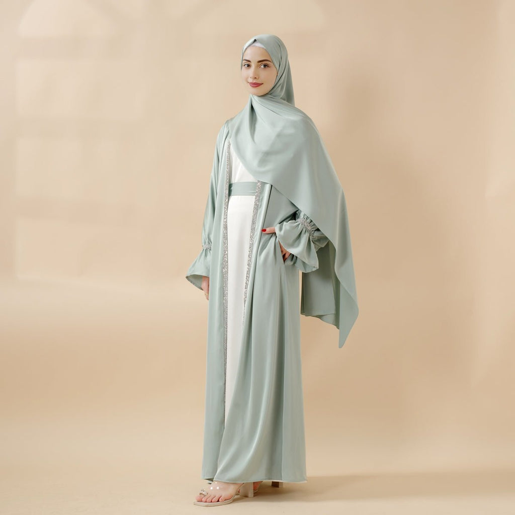 Poet Sleeve Satin Open Abaya With Matching Belt and Hijab (MOA009) by Mariam's Collection