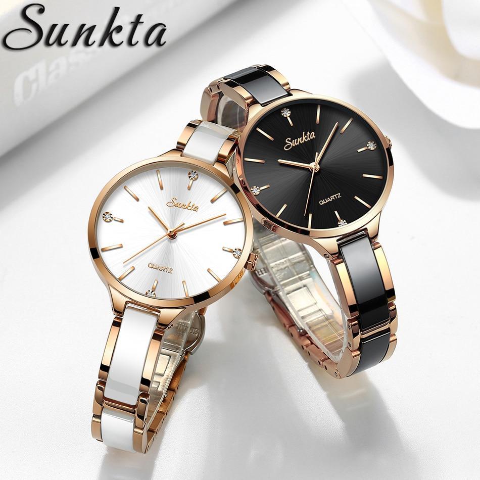 Women's Waterproof Modern Wrist Watch With Ceramic Bracelet And Shining Background Decorated With Zircons by Stevvex