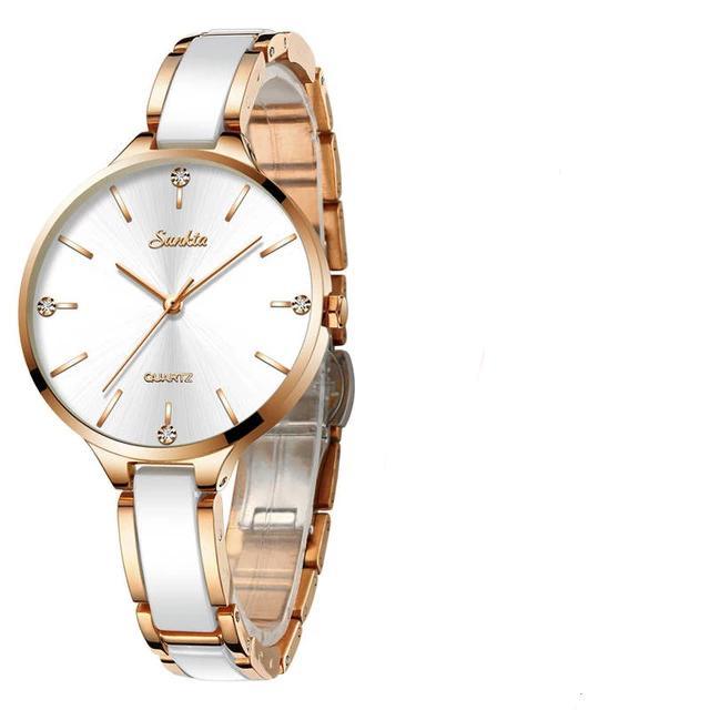 Women's Waterproof Modern Wrist Watch With Ceramic Bracelet And Shining Background Decorated With Zircons by Stevvex