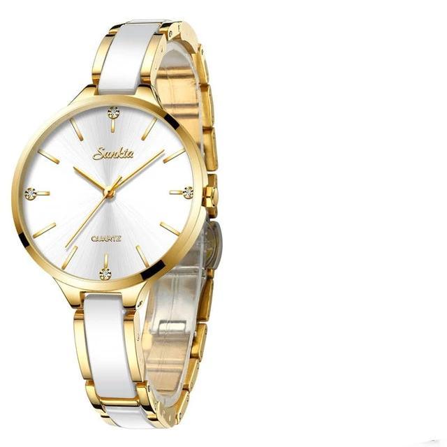 Women's Waterproof Modern Wrist Watch With Ceramic Bracelet And Shining Background Decorated With Zircons by Stevvex