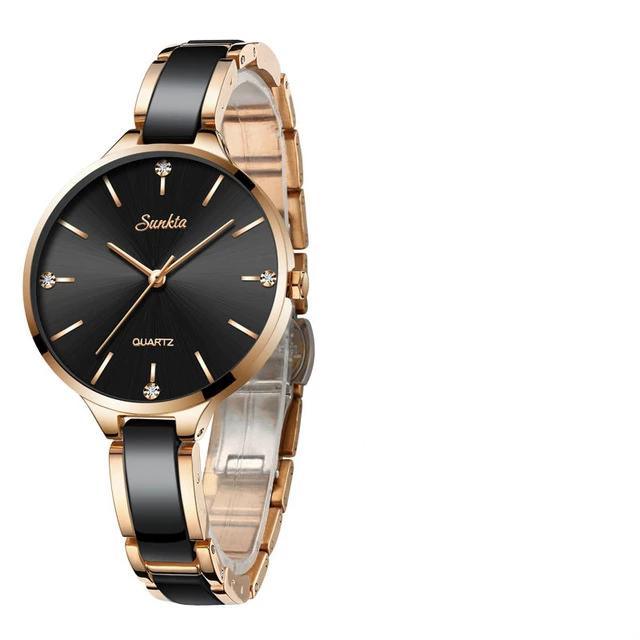 Women's Waterproof Modern Wrist Watch With Ceramic Bracelet And Shining Background Decorated With Zircons by Stevvex