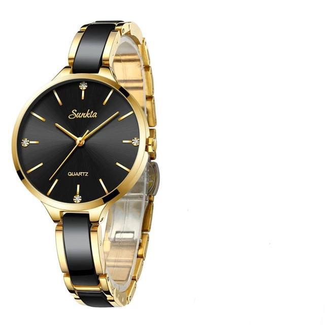 Women's Waterproof Modern Wrist Watch With Ceramic Bracelet And Shining Background Decorated With Zircons by Stevvex