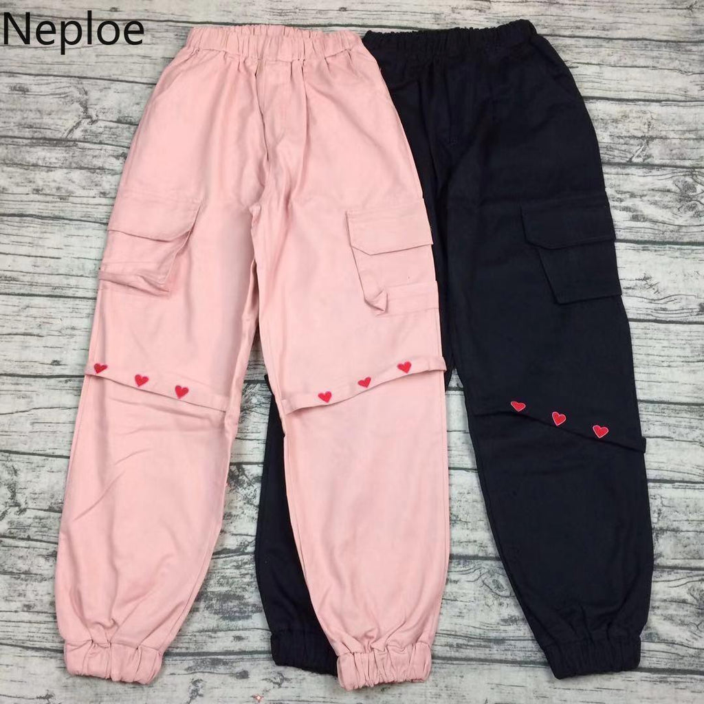 Heart Embroidered Cargo Pants by Kore Kawaii