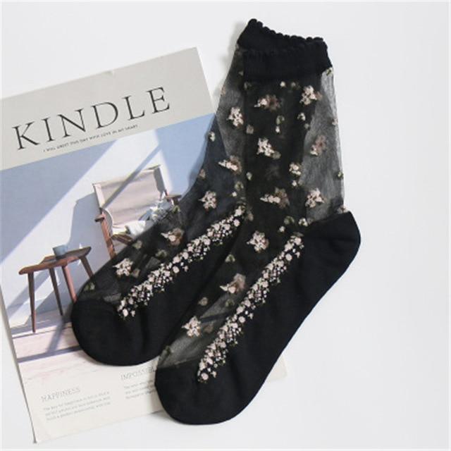 Silk Flower Print Transparent Socks by Kore Kawaii