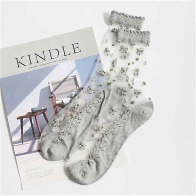 Silk Flower Print Transparent Socks by Kore Kawaii