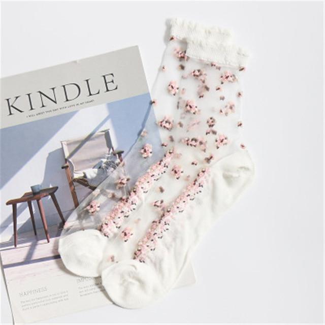 Silk Flower Print Transparent Socks by Kore Kawaii