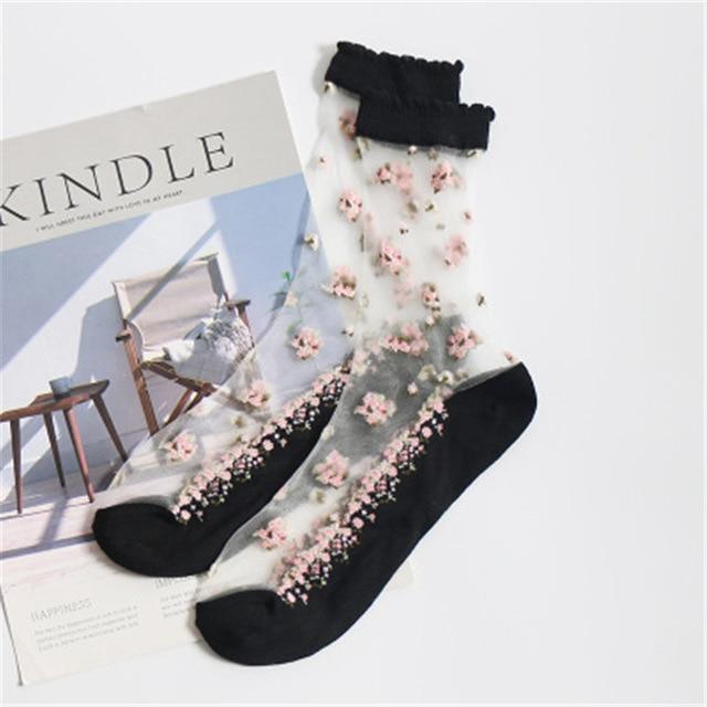 Silk Flower Print Transparent Socks by Kore Kawaii