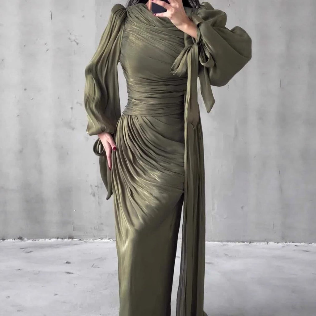 Ruched Evening Dress | Puff Sleeve Bodycon Maxi Dress(MS280) by Mariam's Collection