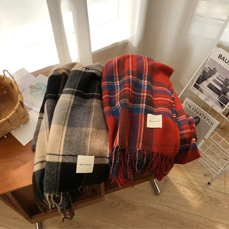 Versatile Retro Plaid Scarf with Tassels for Women by Trendy Attic Store01