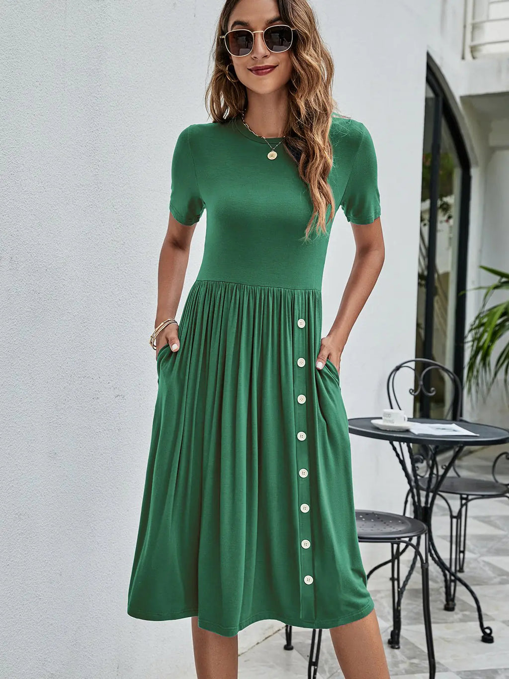 Solid Color Button Pocket Casual Women's Dress by Trendy Attic Store01