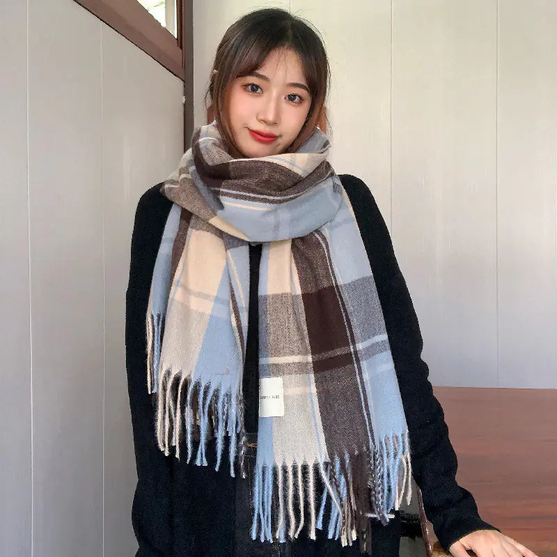 Versatile Retro Plaid Scarf with Tassels for Women by Trendy Attic Store01