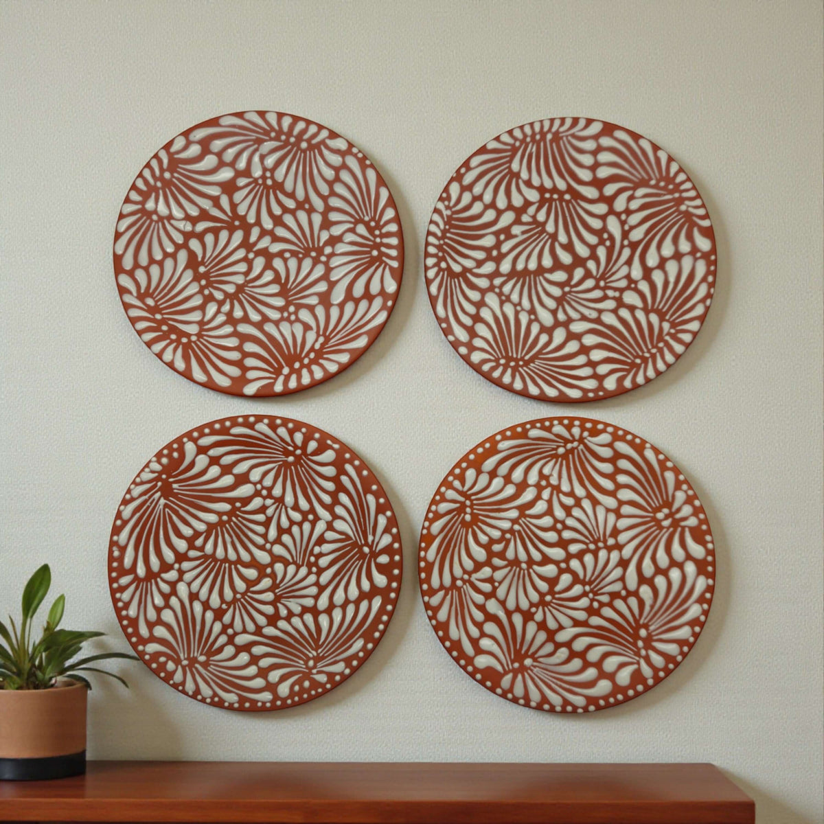 Set of 4 Brown & White Talavera Wall Plates | 10" Decorative Display by The Talavera Hub